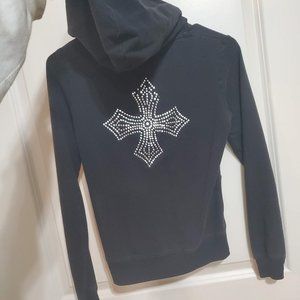 Say What Sz S Black Rhinestone Cross Zip Up Hoodie